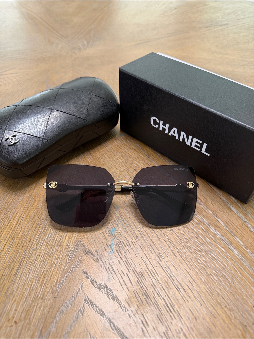 CHANEL Black Gradient Rimless Square Sunglasses with Gold CC Accents